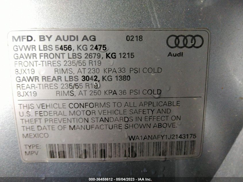 2018 AUDI Q5 PREMIUM/TECH PREMIUM - WA1ANAFY1J2143175