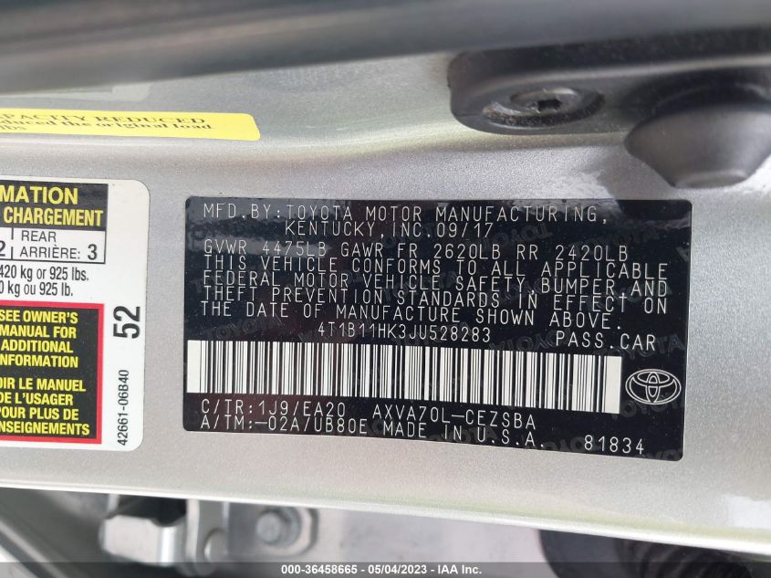 2018 TOYOTA CAMRY LE/SE/XLE/L - 4T1B11HK3JU528283