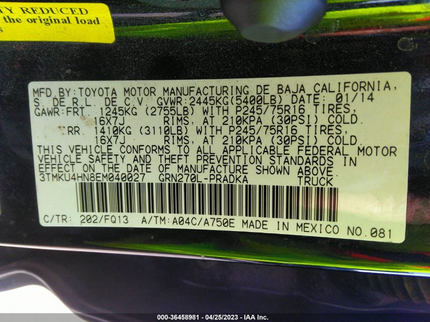 2014 TOYOTA TACOMA PRERUNNER - 3TMKU4HN8EM040027