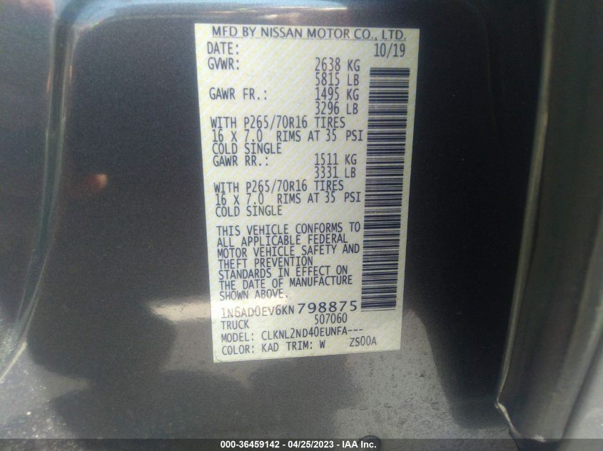 2019 NISSAN FRONTIER SV - 1N6AD0EV6KN798875