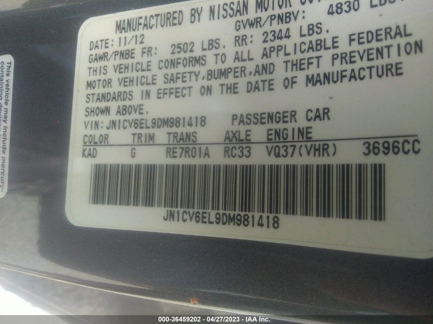2013 INFINITI G37 COUPE X JN1CV6EL9DM981418