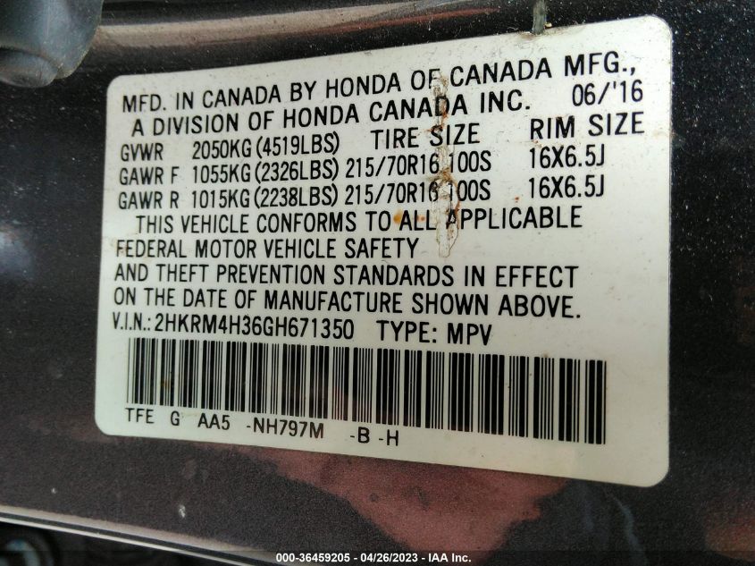2016 HONDA CR-V LX - 2HKRM4H36GH671350