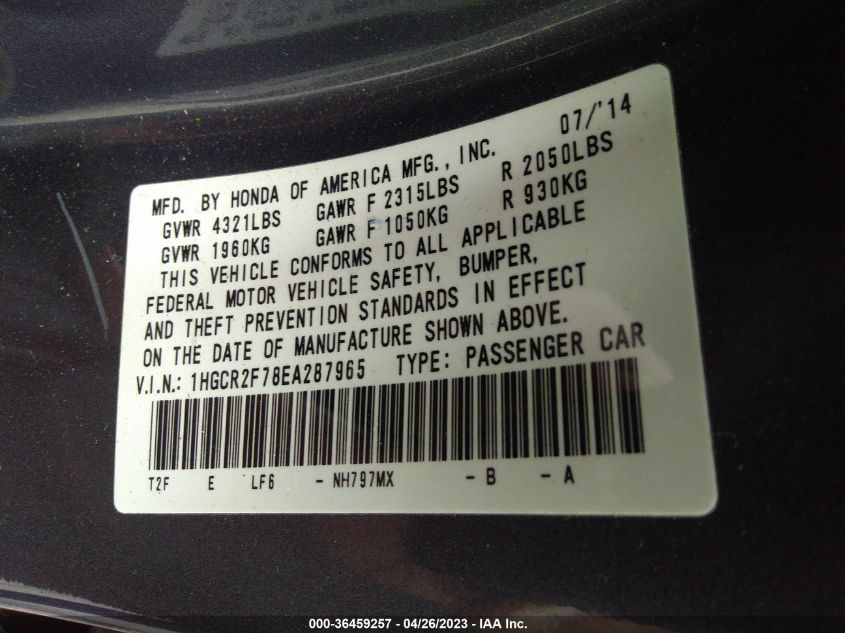 2014 HONDA ACCORD SEDAN EX - 1HGCR2F78EA287965