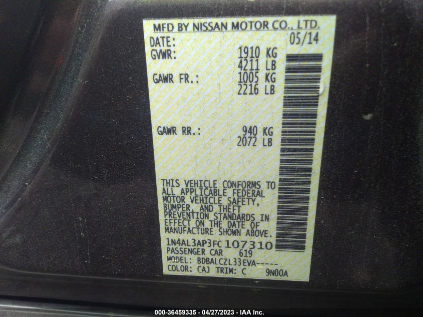 2015 NISSAN ALTIMA 2.5 S - 1N4AL3AP3FC107310