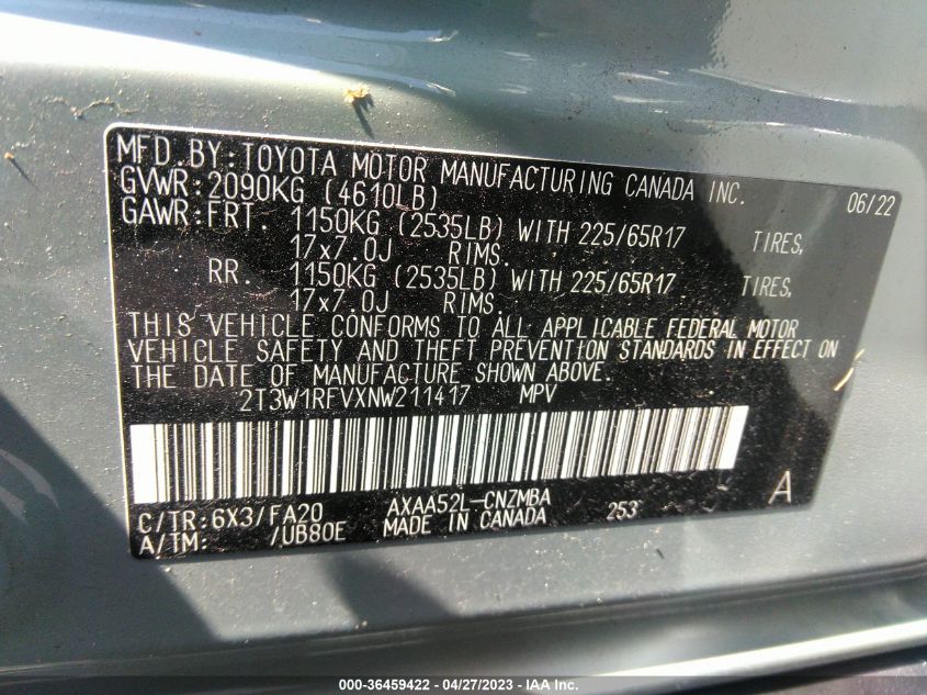 2022 TOYOTA RAV4 XLE - 2T3W1RFVXNW211417