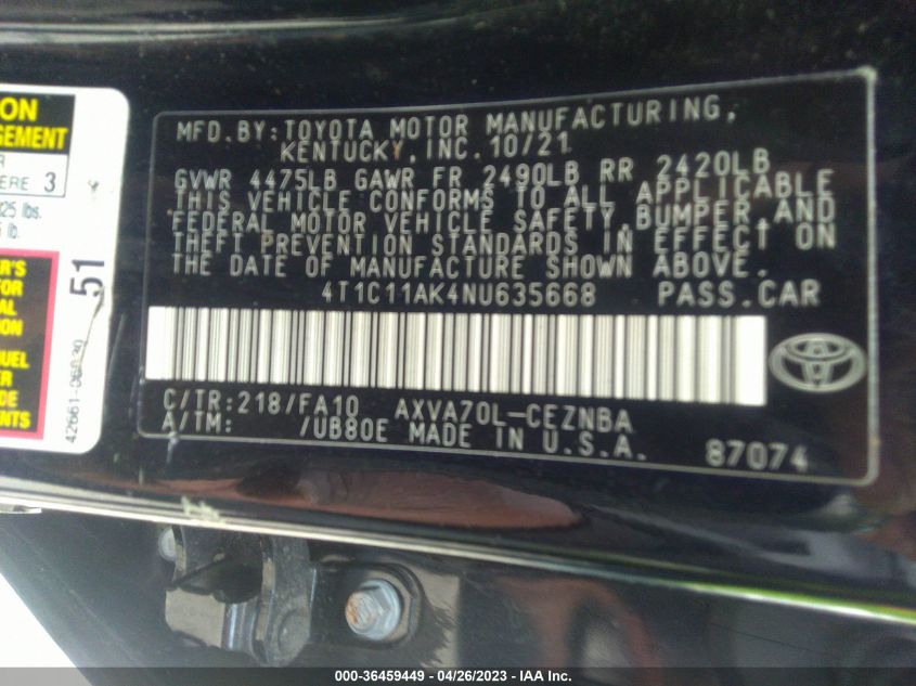 2022 TOYOTA CAMRY LE - 4T1C11AK4NU635668