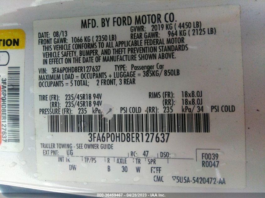 2014 FORD FUSION SE - 3FA6P0HD8ER127637