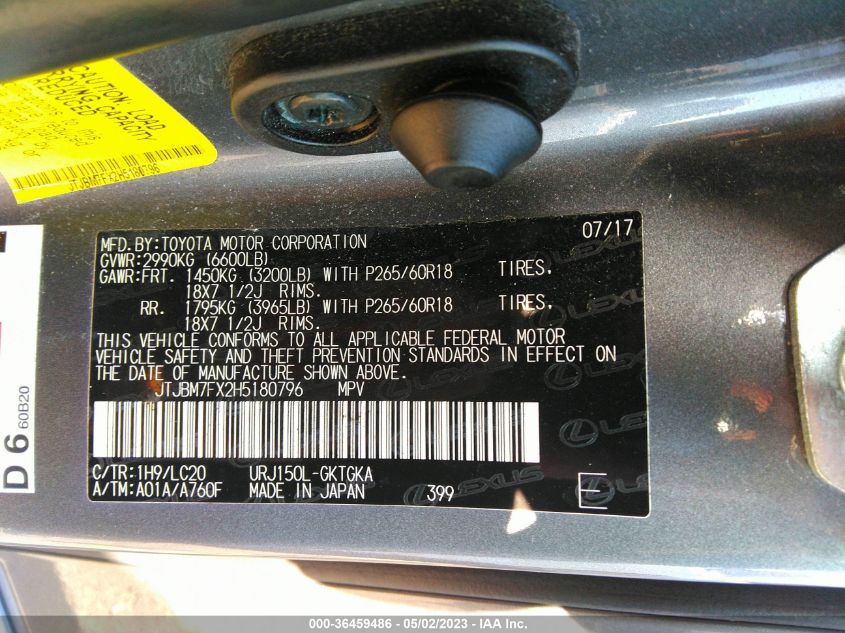 2017 LEXUS GX GX 460 JTJBM7FX2H5180796