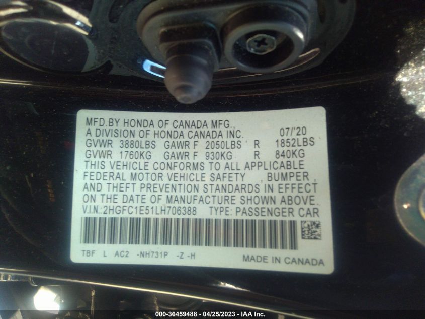 2020 HONDA CIVIC SI SEDAN 2HGFC1E51LH706388