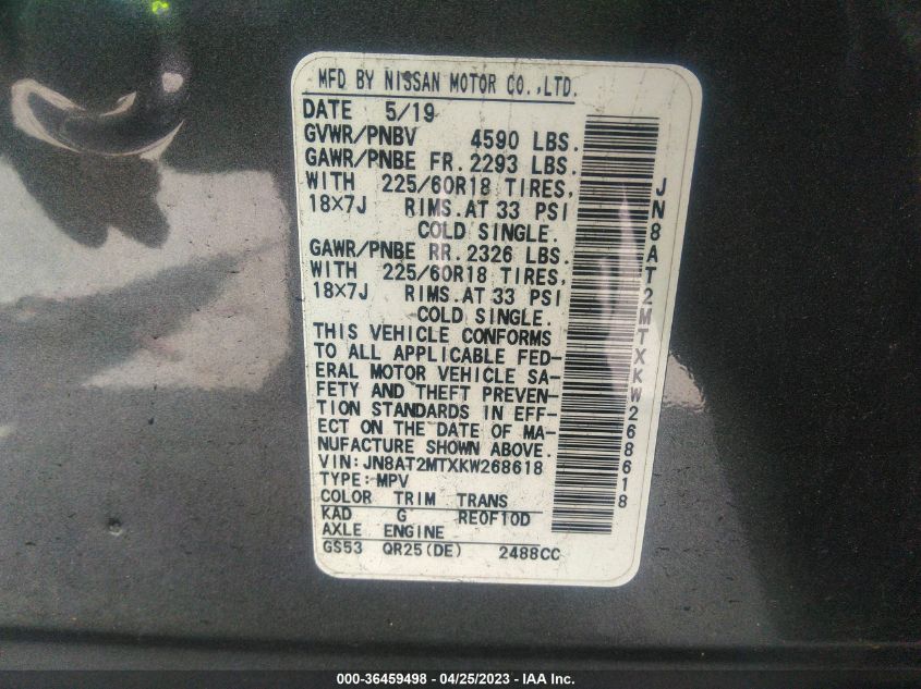 2019 NISSAN ROGUE SV - JN8AT2MTXKW268618