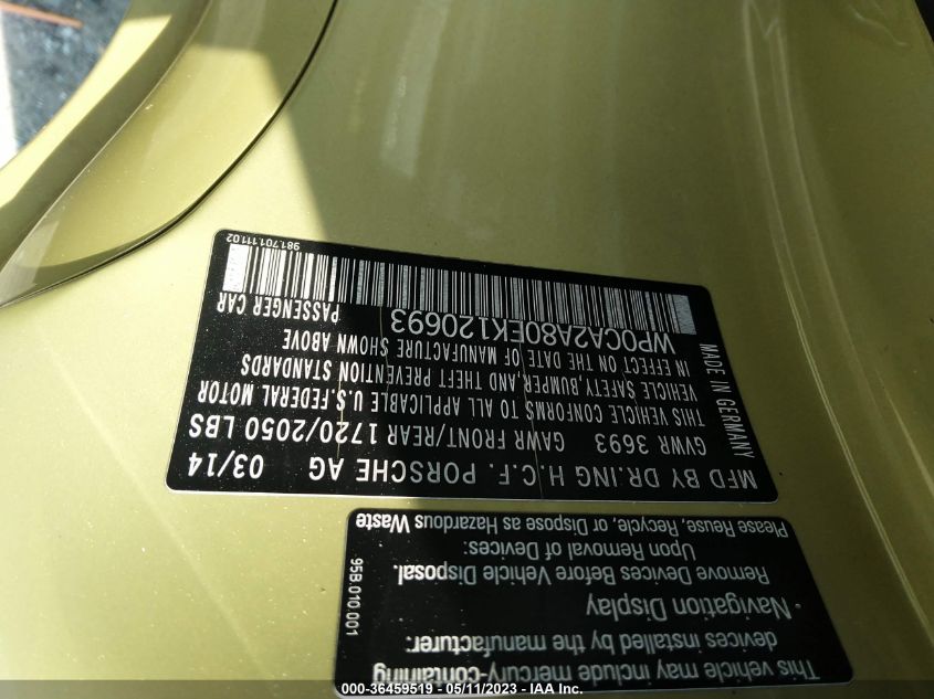 2014 PORSCHE BOXSTER WP0CA2A80EK120693