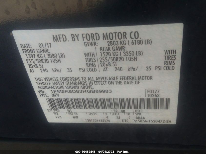 2017 FORD EXPLORER XLT - 1FM5K8D83HGB89983