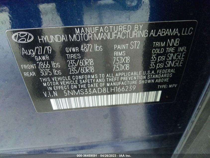 2020 HYUNDAI SANTA FE SEL - 5NMS33AD8LH166239
