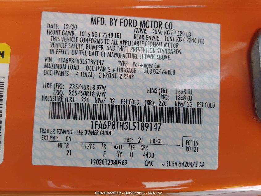 2020 FORD MUSTANG ECOBOOST - 1FA6P8TH3L5189147