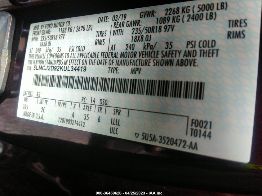 2019 LINCOLN MKC SELECT - 5LMCJ2D92KUL34419