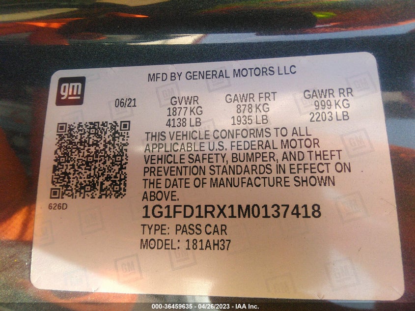 VIN 1G1FD1RX1M0137418 2021 CHEVROLET CAMARO 2LT