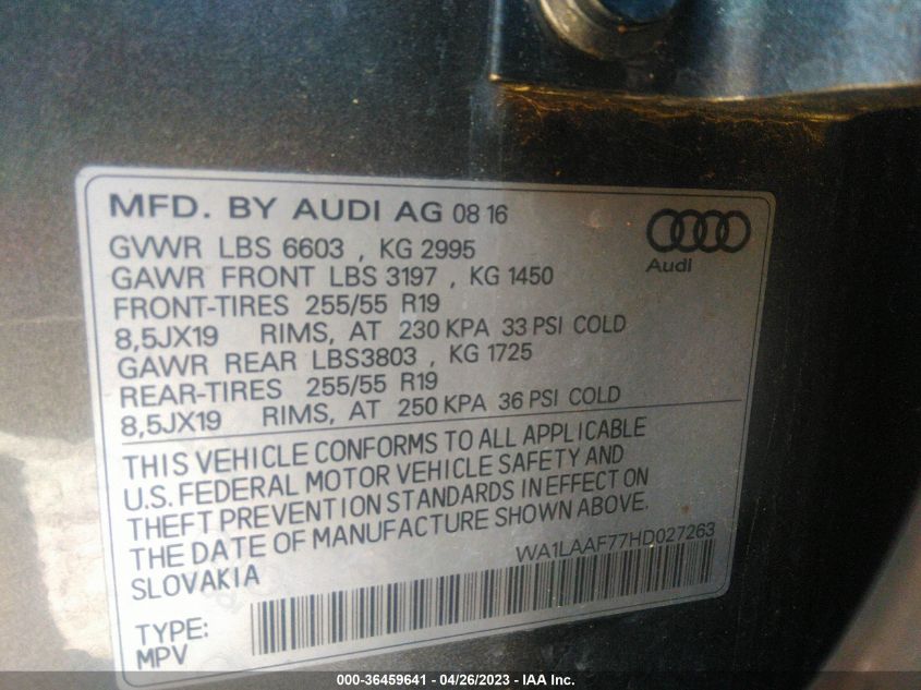 2017 AUDI Q7 PREMIUM PLUS - WA1LAAF77HD027263