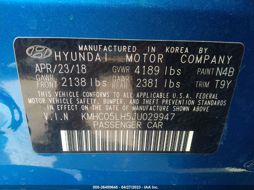 2018 HYUNDAI IONIQ ELECTRIC LIMITED KMHC05LH5JU029947