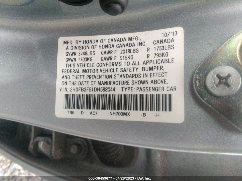2013 HONDA CIVIC SDN LX - 2HGFB2F51DH588044