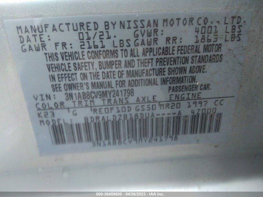 VIN 3N1AB8CV9MY241798 2021 NISSAN SENTRA SV