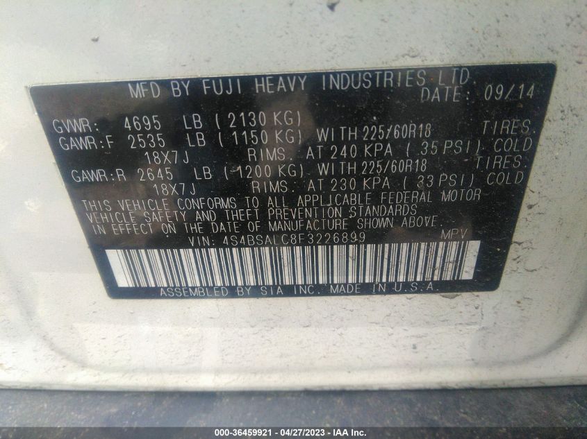 2015 SUBARU OUTBACK 2.5I LIMITED - 4S4BSALC8F3226899