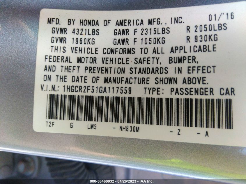 2016 HONDA ACCORD SEDAN SPORT - 1HGCR2F51GA117559