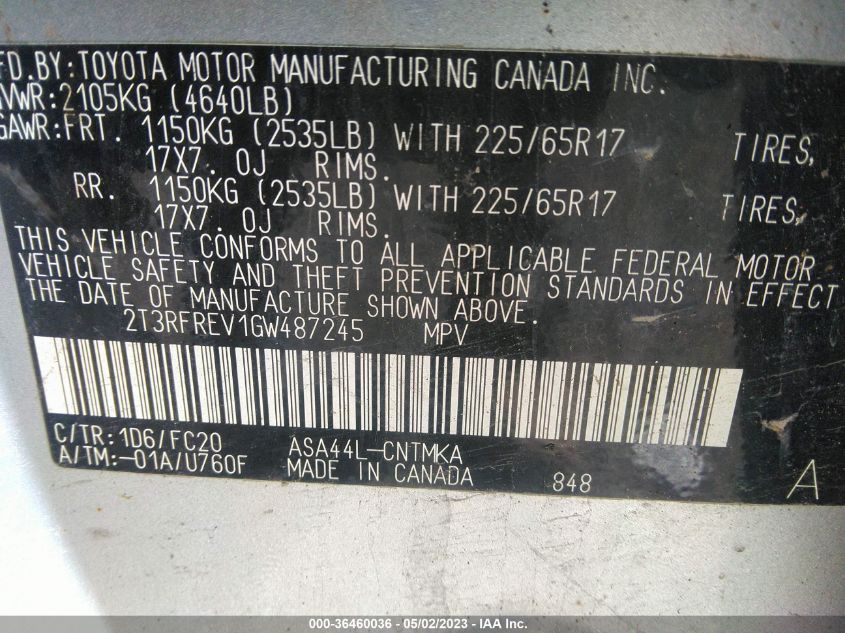 2016 TOYOTA RAV4 XLE - 2T3RFREV1GW487245
