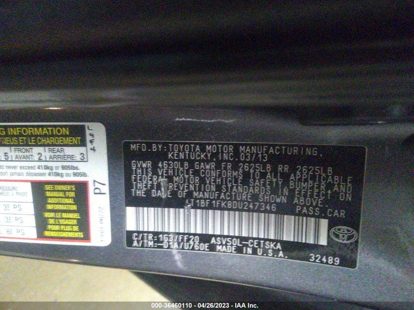 2013 TOYOTA CAMRY L/LE/SE/XLE - 4T1BF1FK8DU247346