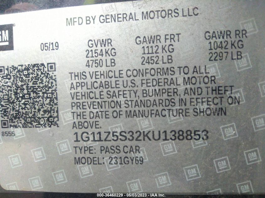 2019 CHEVROLET IMPALA LT - 1G11Z5S32KU138853