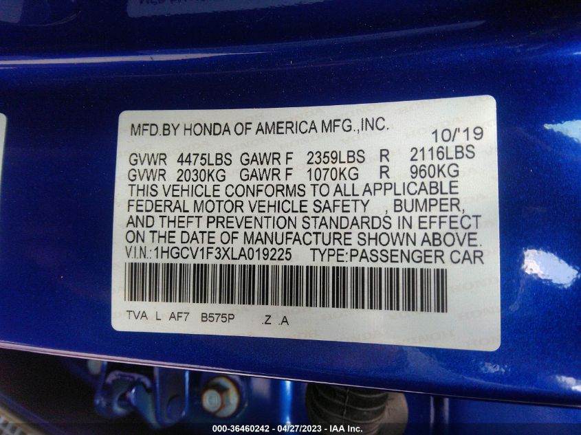 2020 HONDA ACCORD SEDAN SPORT - 1HGCV1F3XLA019225