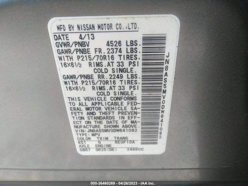 2013 NISSAN ROGUE S - JN8AS5MV0DW641092