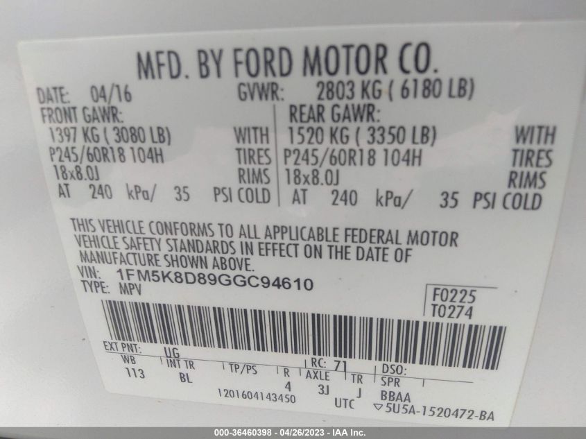 2016 FORD EXPLORER XLT - 1FM5K8D89GGC94610