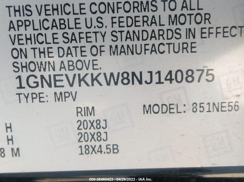 2022 CHEVROLET TRAVERSE PREMIER - 1GNEVKKW8NJ140875