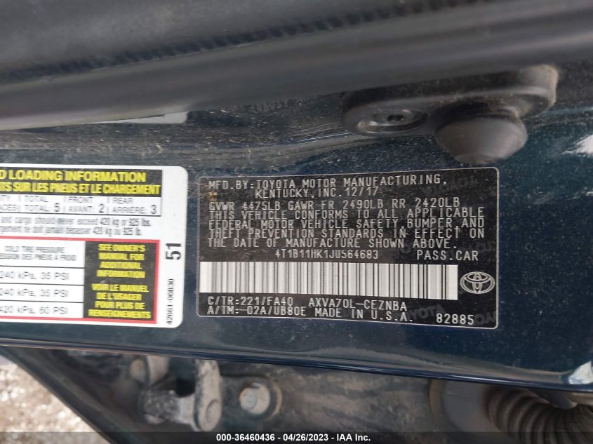 2018 TOYOTA CAMRY LE/SE/XLE/L - 4T1B11HK1JU564683
