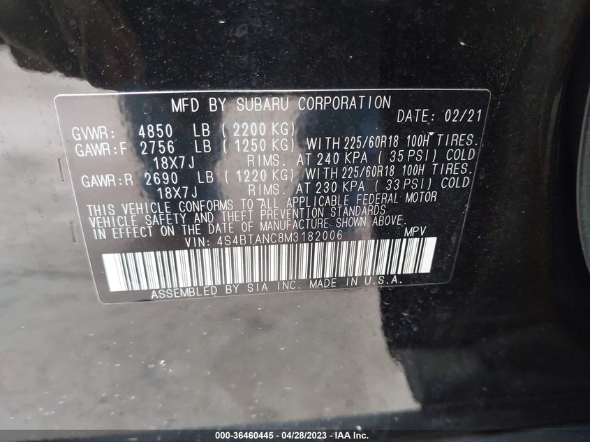VIN 4S4BTANC8M3182006 2021 SUBARU OUTBACK LIMITED