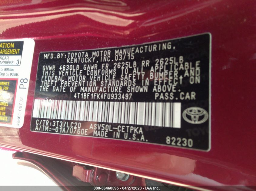 2015 TOYOTA CAMRY XLE/SE/LE/XSE - 4T1BF1FK4FU933497