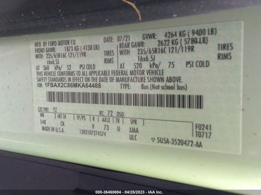 2021 FORD TRANSIT PASSENGER WAGON XL/XLT 1FBAX2C86MKA64488