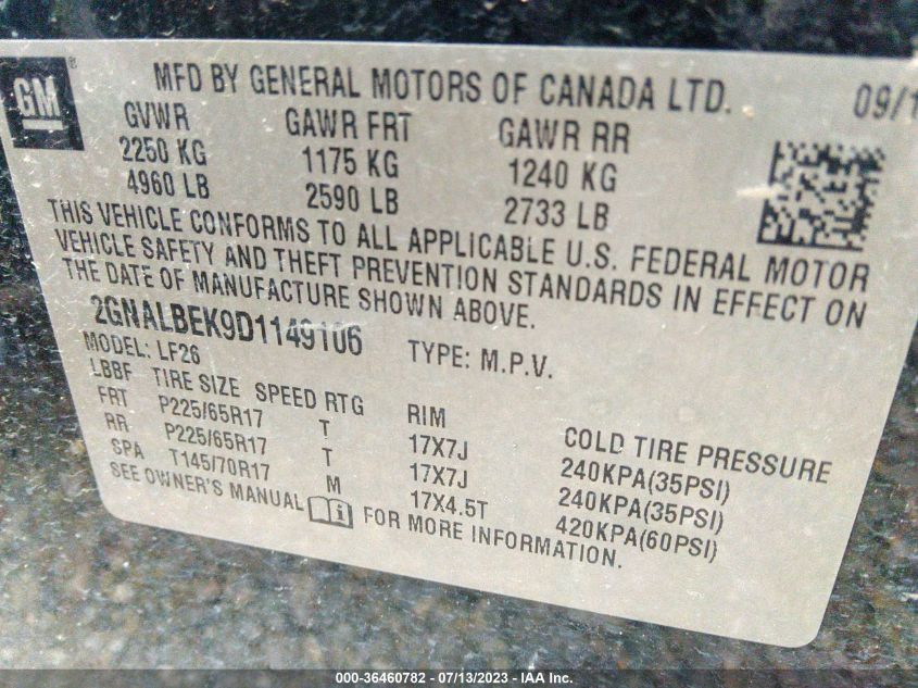 2013 CHEVROLET EQUINOX LS - 2GNALBEK9D1149106