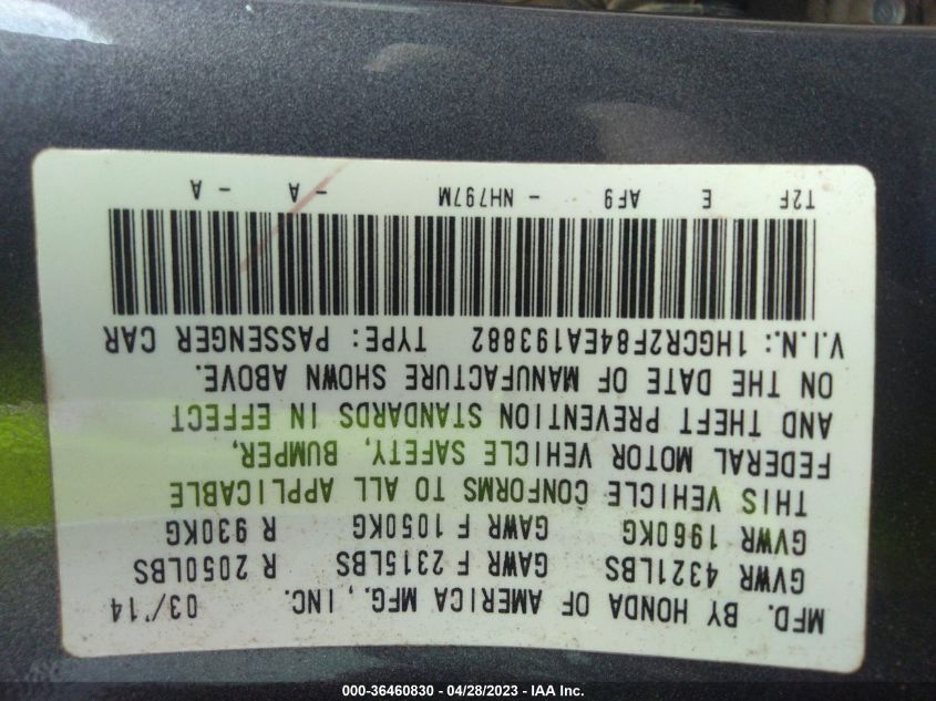 2014 HONDA ACCORD SEDAN EX-L - 1HGCR2F84EA193882