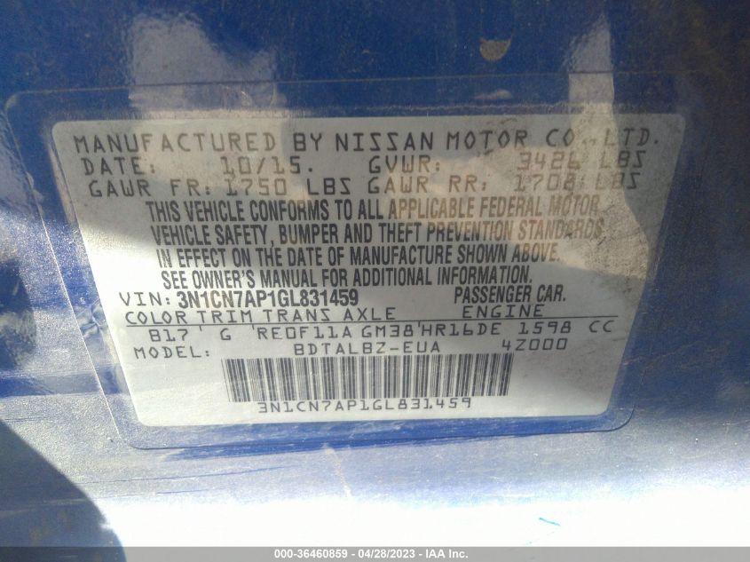 2016 NISSAN VERSA S/S PLUS/SL/SV - 3N1CN7AP1GL831459