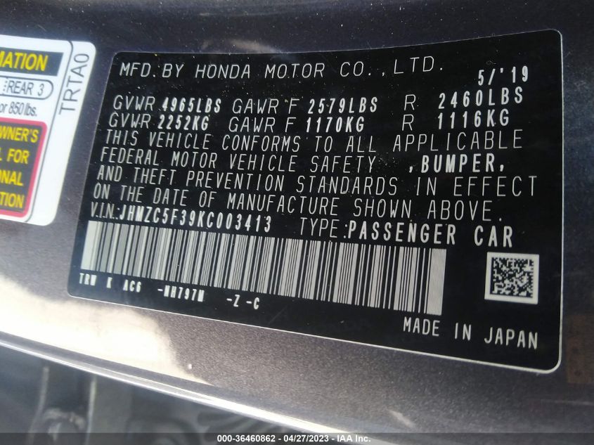 2019 HONDA CLARITY PLUG-IN HYBRID TOURING JHMZC5F39KC003413