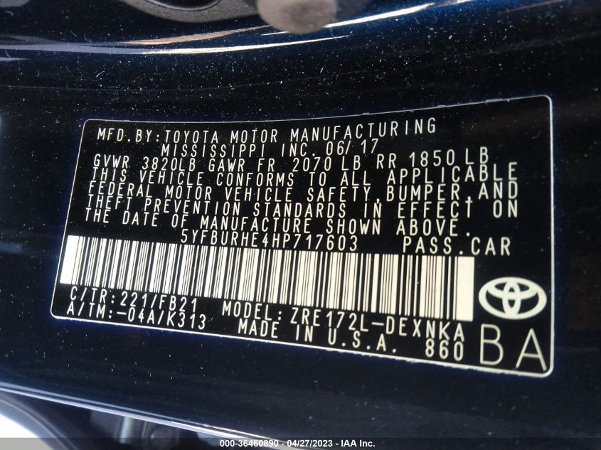 2017 TOYOTA COROLLA L/LE/XLE/SE - 5YFBURHE4HP717603