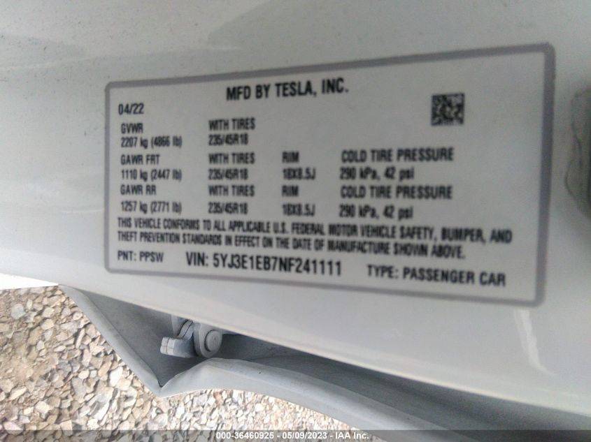 2022 TESLA MODEL 3 LONG RANGE - 5YJ3E1EB7NF241111