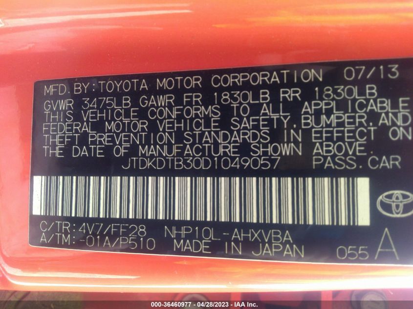 2013 TOYOTA PRIUS C ONE/TWO/THREE/FOUR - JTDKDTB30D1049057