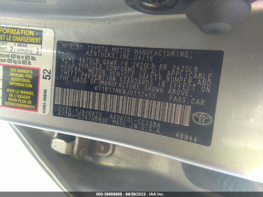 2018 TOYOTA CAMRY SE - 4T1B11HK8JU112455