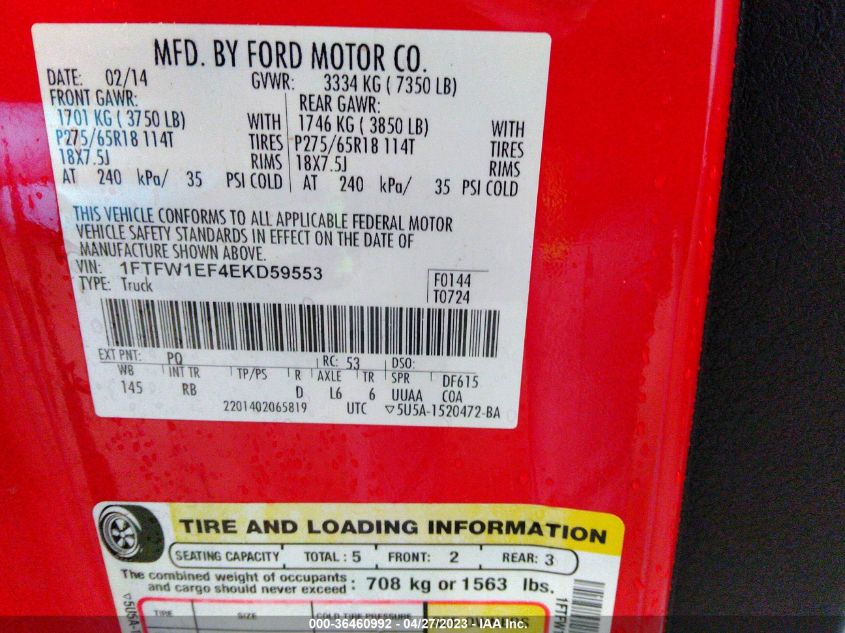 2014 FORD F-150 XL/XLT/STX/FX4/LARIAT - 1FTFW1EF4EKD59553