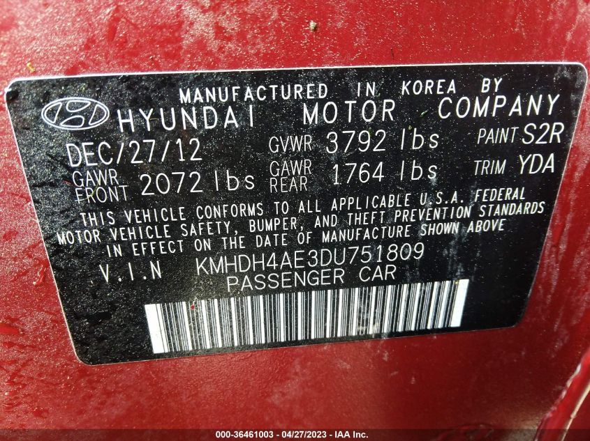 2013 HYUNDAI ELANTRA GLS PZEV - KMHDH4AE3DU751809