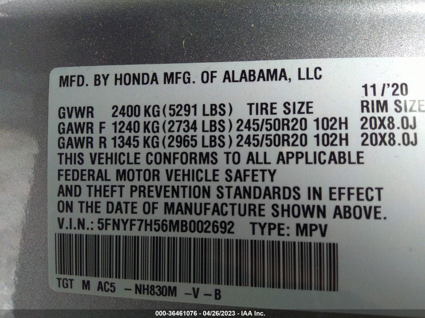 2021 HONDA PASSPORT EX-L - 5FNYF7H56MB002692