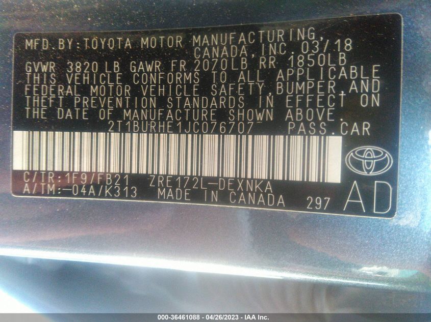 2018 TOYOTA COROLLA L/LE/XLE/SE/XSE - 2T1BURHE1JC076707