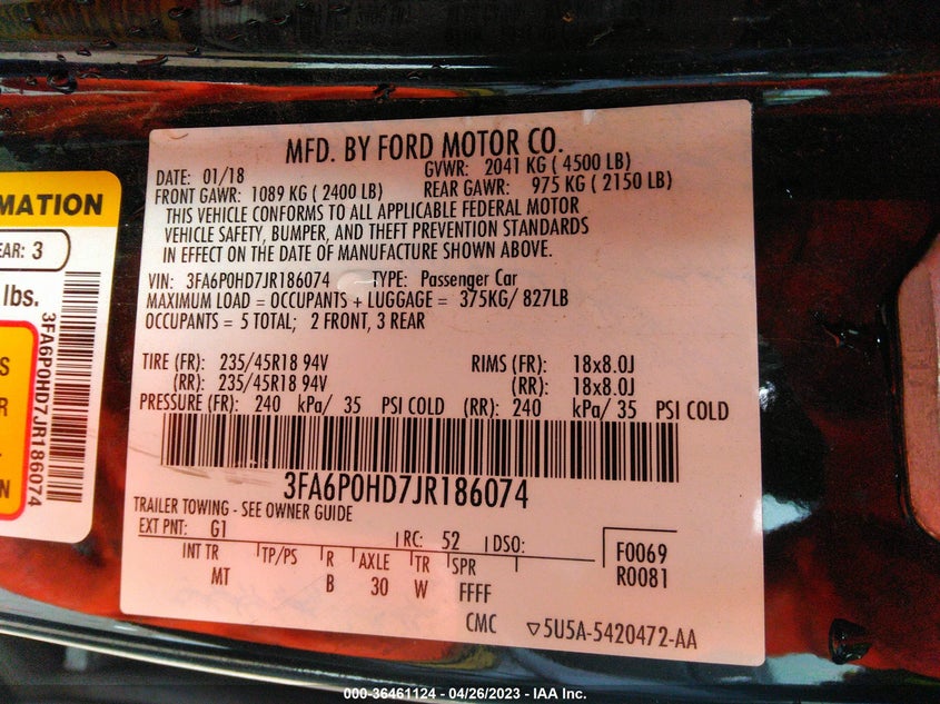 VIN 3FA6P0HD7JR186074 2018 FORD FUSION SE